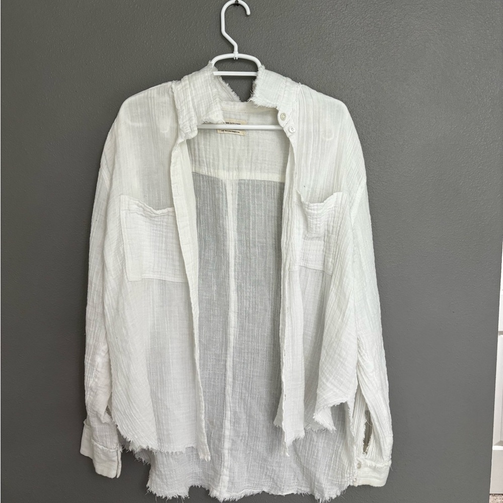 White Frayed Hem Button-Up Shirt